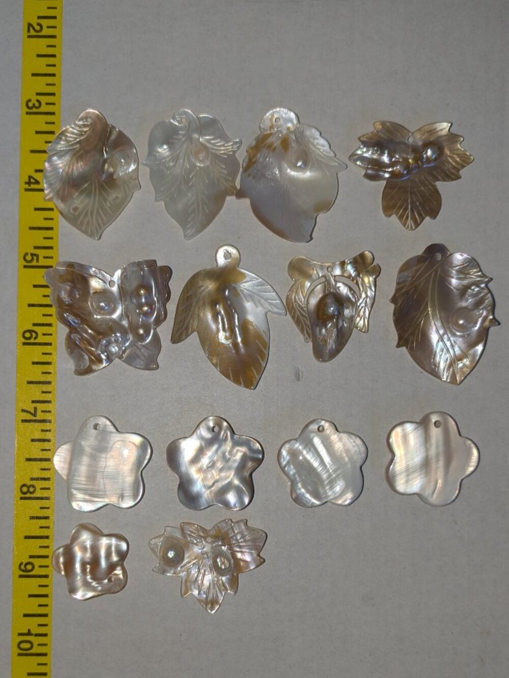 Lot (14) MOP Mother of Pearl Blister Pearl Leaves, Butterfly, Stars Pendants